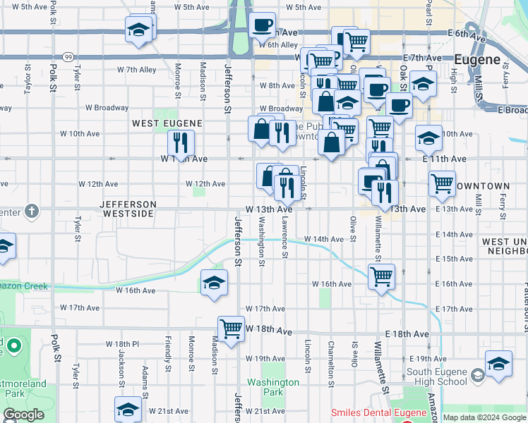 map of restaurants, bars, coffee shops, grocery stores, and more near 1262 Lawrence Street in Eugene