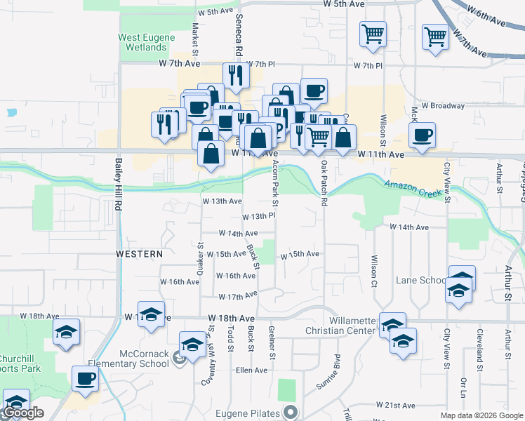 map of restaurants, bars, coffee shops, grocery stores, and more near 1290 Acorn Park Street in Eugene