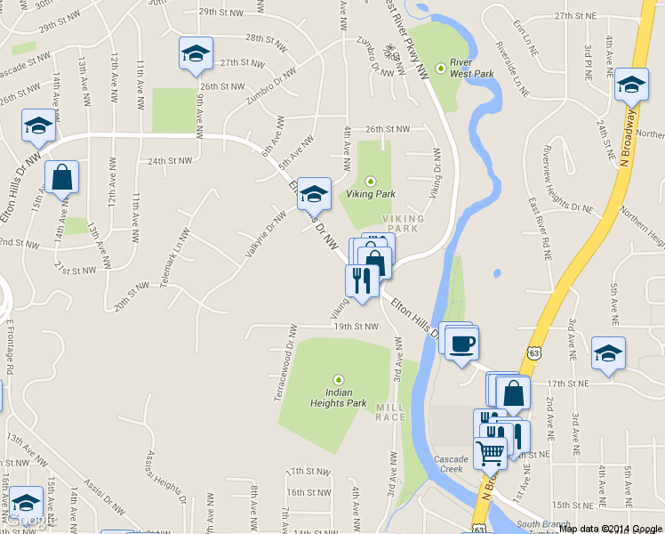 map of restaurants, bars, coffee shops, grocery stores, and more near 362 Elton Hills Drive Northwest in Rochester