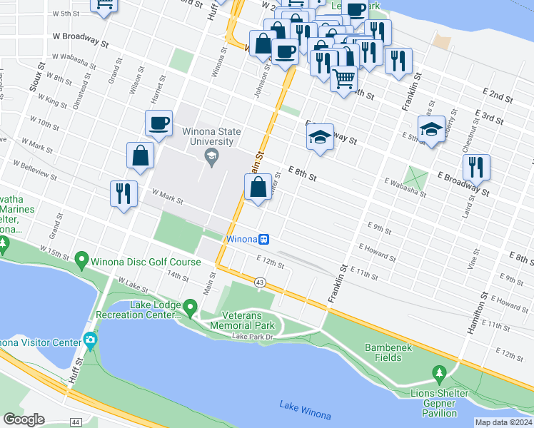 map of restaurants, bars, coffee shops, grocery stores, and more near 500 Center Street in Winona