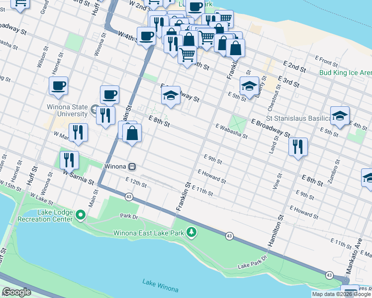 map of restaurants, bars, coffee shops, grocery stores, and more near 207 East 8th Street in Winona