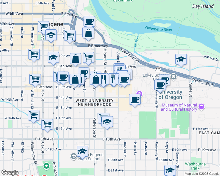 map of restaurants, bars, coffee shops, grocery stores, and more near 740 East 13th Avenue in Eugene