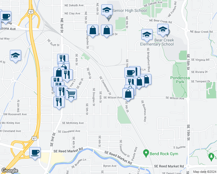 map of restaurants, bars, coffee shops, grocery stores, and more near 652 Southeast Centennial Street in Bend