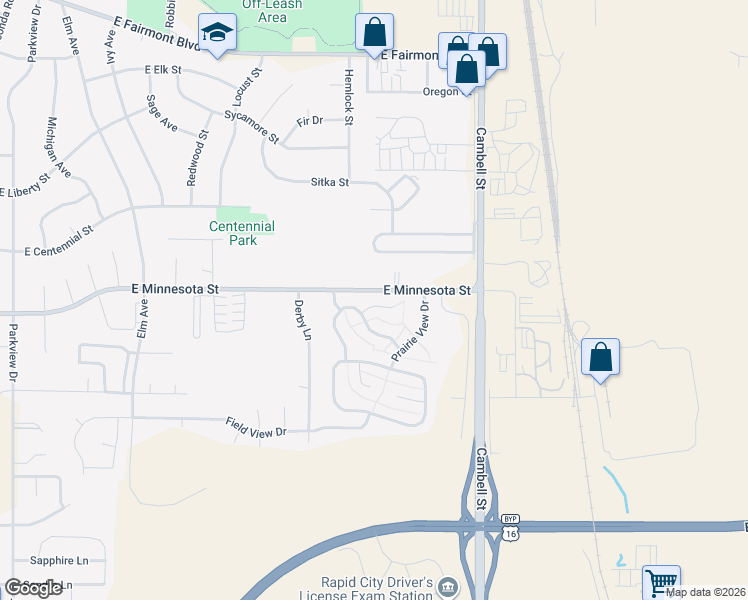 map of restaurants, bars, coffee shops, grocery stores, and more near 1220 E Minnesota St in Rapid City