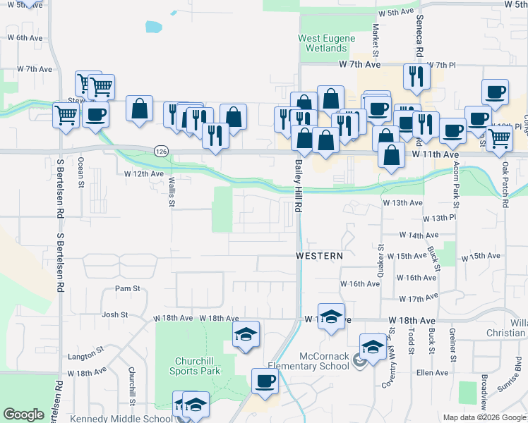 map of restaurants, bars, coffee shops, grocery stores, and more near 1250 Bailey Hill Road in Eugene