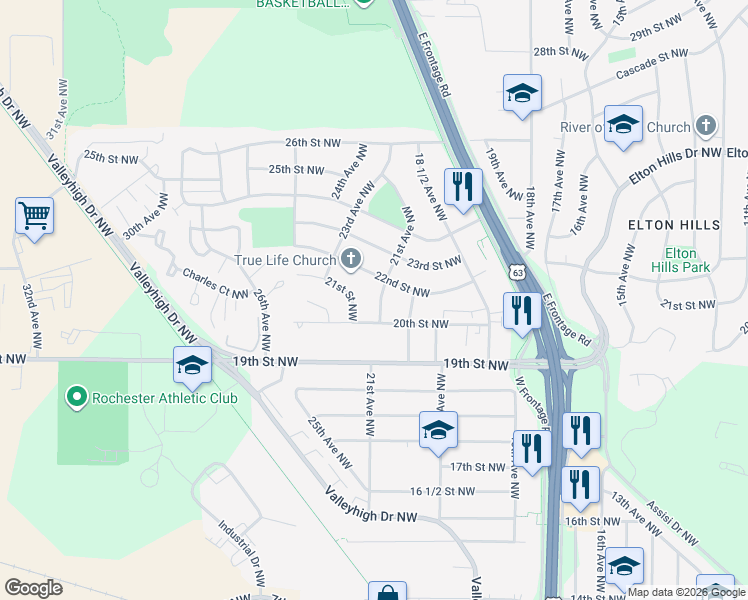 map of restaurants, bars, coffee shops, grocery stores, and more near 2105 21st Avenue Northwest in Rochester