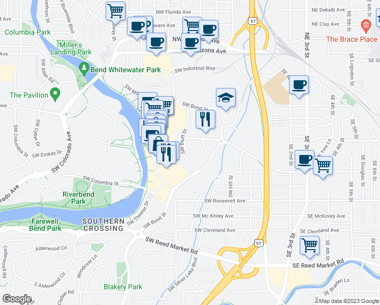 map of restaurants, bars, coffee shops, grocery stores, and more near 486 Southwest Bluff Drive in Bend