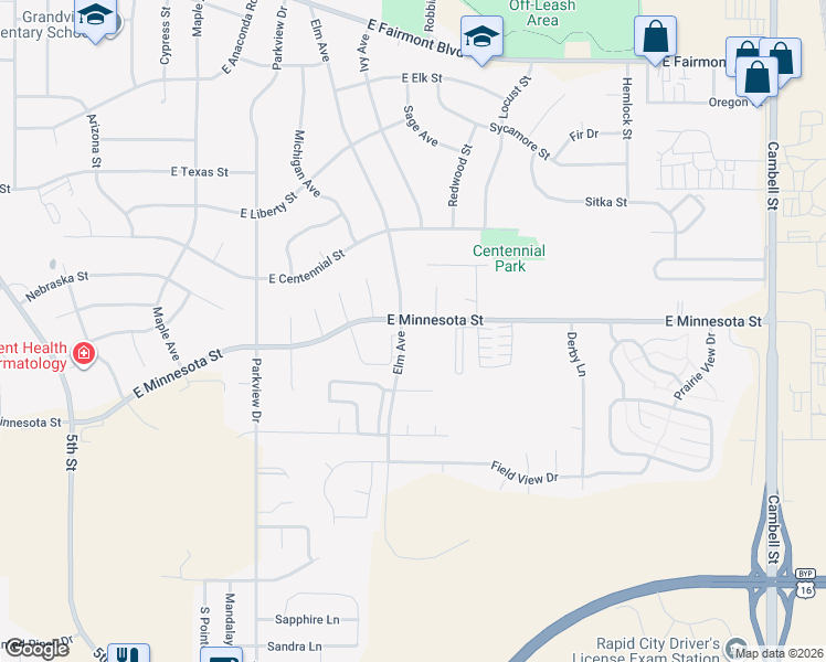 map of restaurants, bars, coffee shops, grocery stores, and more near 4010 Elm Avenue in Rapid City