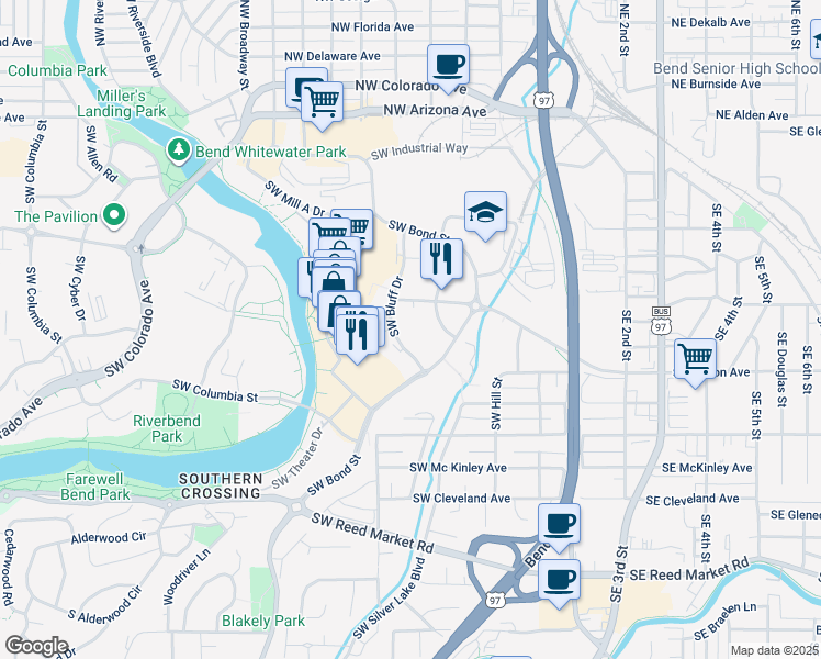 map of restaurants, bars, coffee shops, grocery stores, and more near 400 Southwest Bluff Drive in Bend