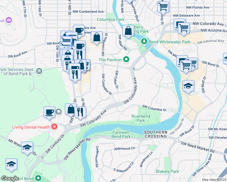 map of restaurants, bars, coffee shops, grocery stores, and more near 405 Southwest Cyber Drive in Bend