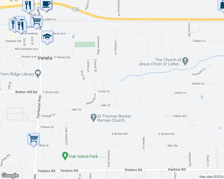 map of restaurants, bars, coffee shops, grocery stores, and more near 25335 Trinity Street in Veneta