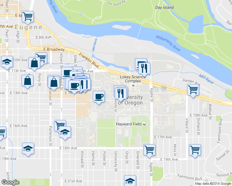 map of restaurants, bars, coffee shops, grocery stores, and more near 1228 University St in Eugene