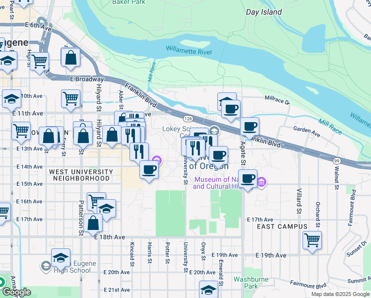 map of restaurants, bars, coffee shops, grocery stores, and more near 1226 University Street in Eugene