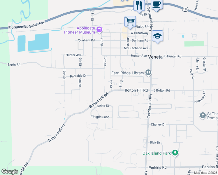 map of restaurants, bars, coffee shops, grocery stores, and more near 87988 6th Street in Veneta