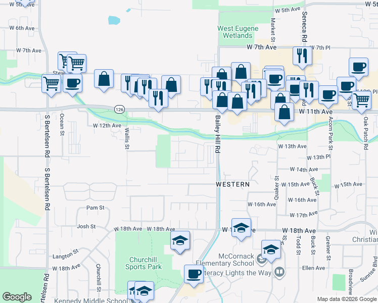 map of restaurants, bars, coffee shops, grocery stores, and more near 3655 West 13th Avenue in Eugene