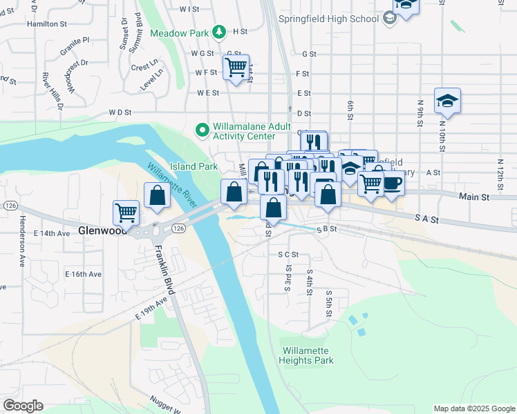 map of restaurants, bars, coffee shops, grocery stores, and more near 101 South A Street in Springfield