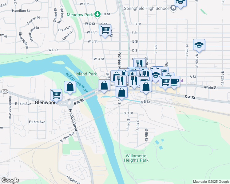 map of restaurants, bars, coffee shops, grocery stores, and more near 101 South A Street in Springfield