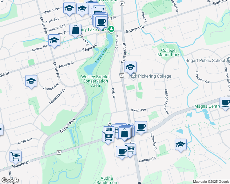 map of restaurants, bars, coffee shops, grocery stores, and more near 417 Oak Street in Newmarket