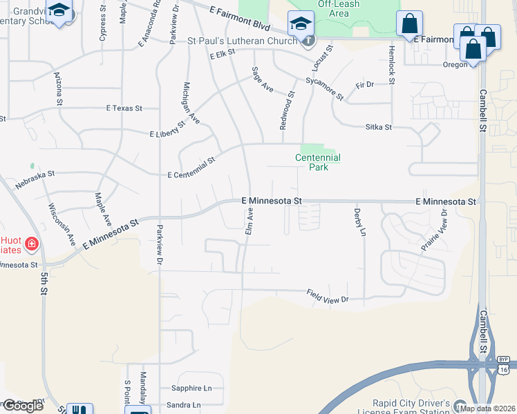 map of restaurants, bars, coffee shops, grocery stores, and more near 3918 Elm Avenue in Rapid City