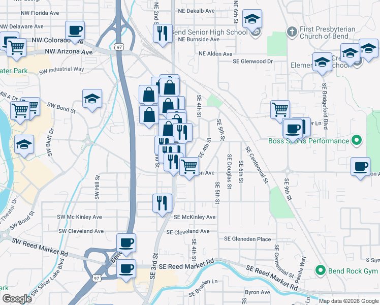 map of restaurants, bars, coffee shops, grocery stores, and more near 435 Southeast Yew Lane in Bend