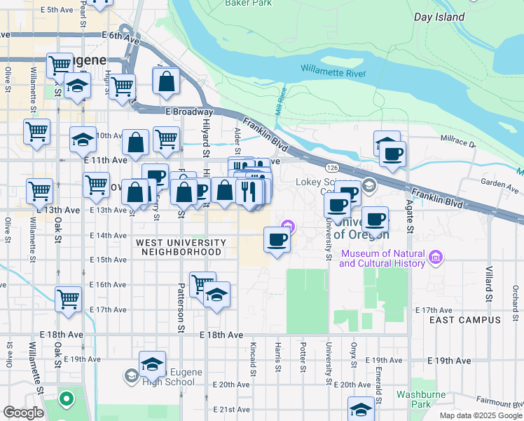 map of restaurants, bars, coffee shops, grocery stores, and more near 935 East 13th Avenue in Eugene