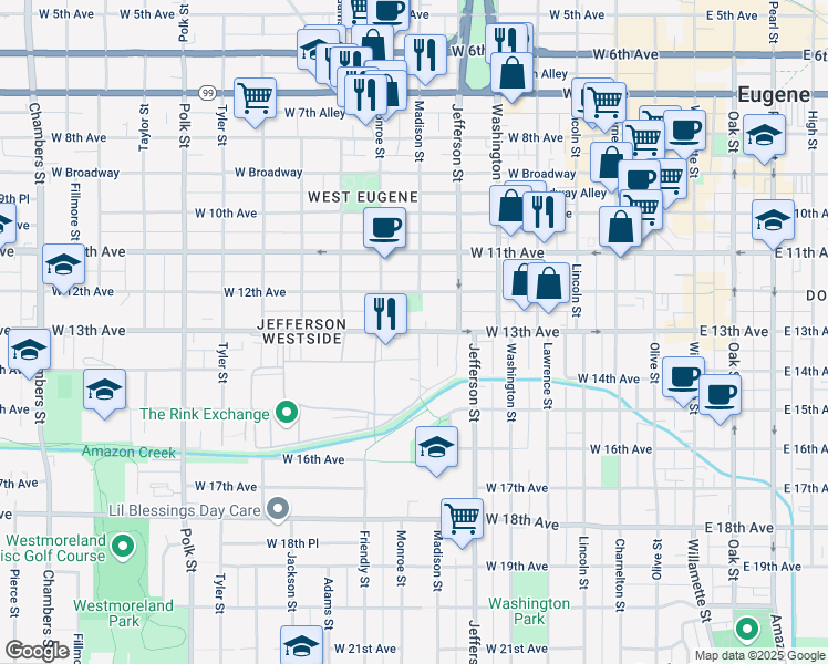 map of restaurants, bars, coffee shops, grocery stores, and more near 689 West 13th Avenue in Eugene