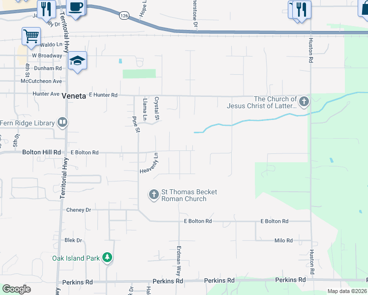 map of restaurants, bars, coffee shops, grocery stores, and more near 25335 Trinity Street in Veneta