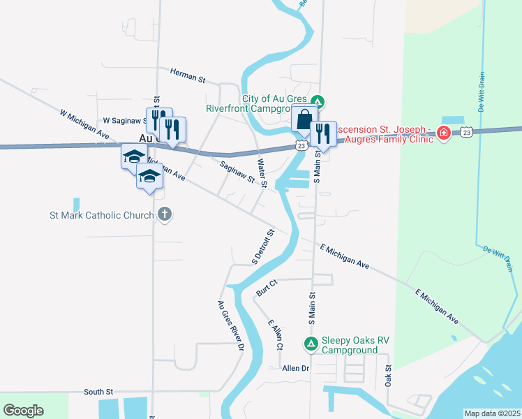 map of restaurants, bars, coffee shops, grocery stores, and more near 311 Water Street in Au Gres