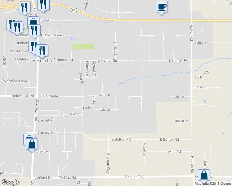 map of restaurants, bars, coffee shops, grocery stores, and more near 25349 Trinity Street in Veneta