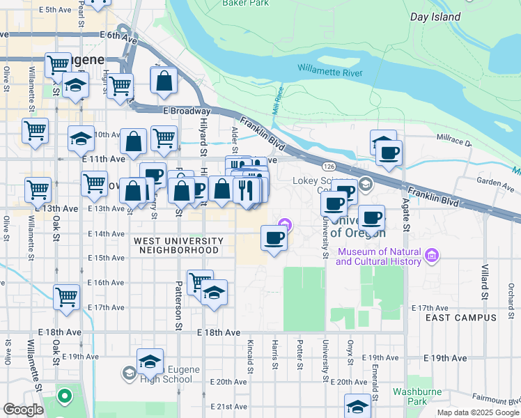 map of restaurants, bars, coffee shops, grocery stores, and more near 990 East 13th Avenue in Eugene