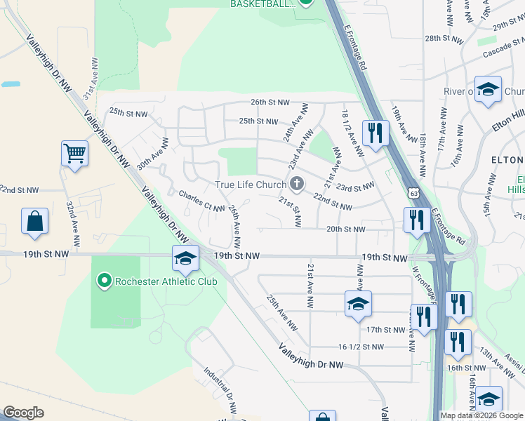 map of restaurants, bars, coffee shops, grocery stores, and more near 2418 21st Street Northwest in Rochester
