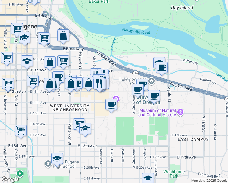 map of restaurants, bars, coffee shops, grocery stores, and more near 1030 East 13th Avenue in Eugene