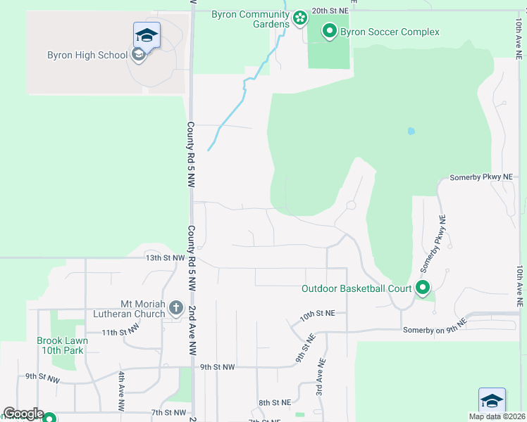 map of restaurants, bars, coffee shops, grocery stores, and more near 115 13th St NE in Byron