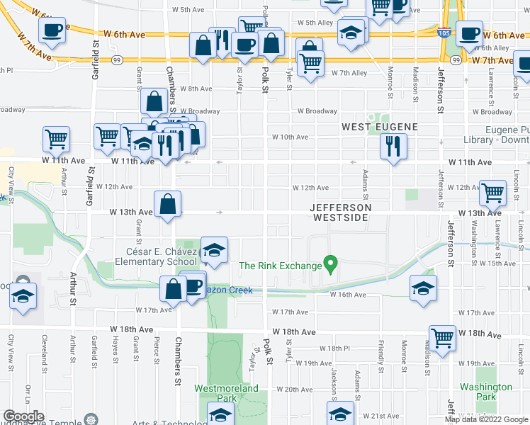 map of restaurants, bars, coffee shops, grocery stores, and more near W 13th Ave & Polk St in Eugene