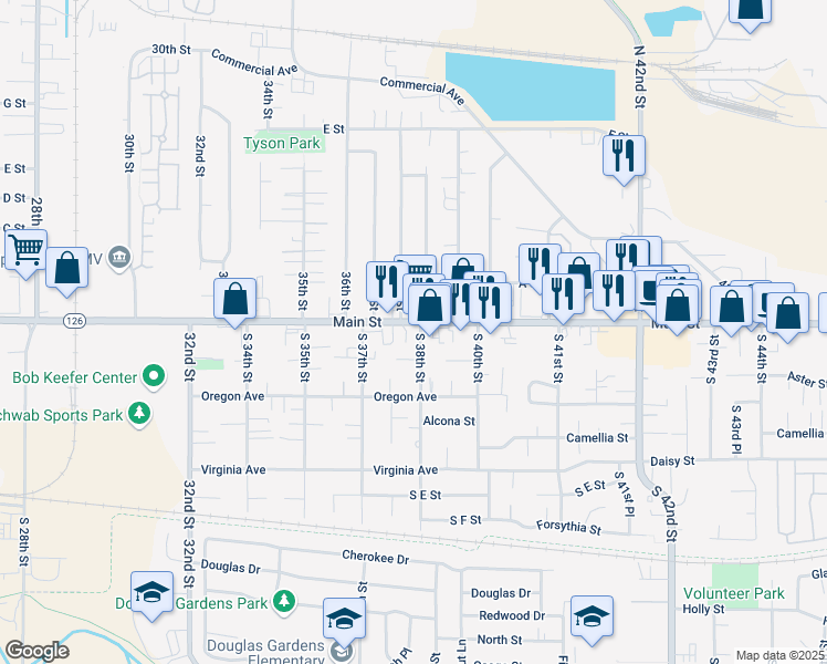 map of restaurants, bars, coffee shops, grocery stores, and more near 3842 Main Street in Springfield