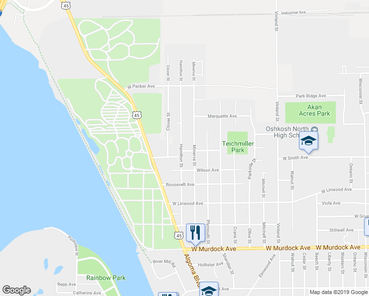 map of restaurants, bars, coffee shops, grocery stores, and more near 1920 Winchester Avenue in Oshkosh