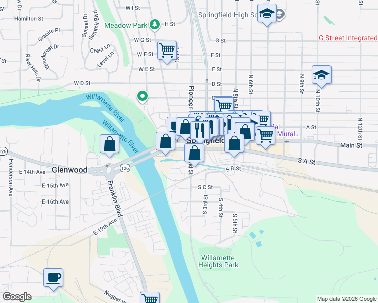 map of restaurants, bars, coffee shops, grocery stores, and more near 198 South 2nd Street in Springfield