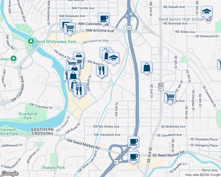 map of restaurants, bars, coffee shops, grocery stores, and more near 36 Southwest Bond Street in Bend
