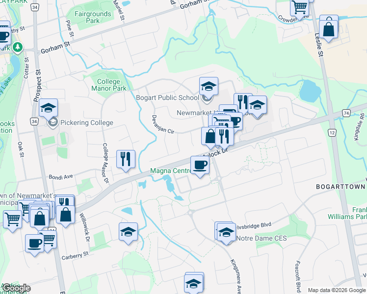 map of restaurants, bars, coffee shops, grocery stores, and more near 822 Firth Court in Newmarket