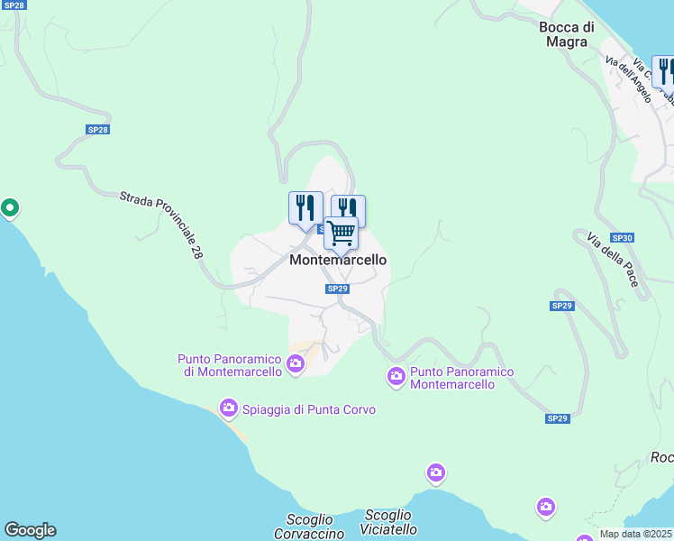 map of restaurants, bars, coffee shops, grocery stores, and more near 3 Via Corvo in Montemarcello