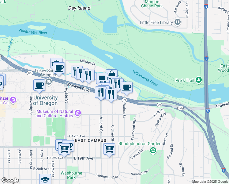 map of restaurants, bars, coffee shops, grocery stores, and more near 2001 Franklin Boulevard in Eugene