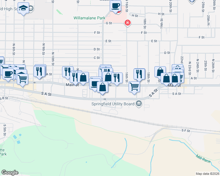 map of restaurants, bars, coffee shops, grocery stores, and more near 1455 Main Street in Springfield