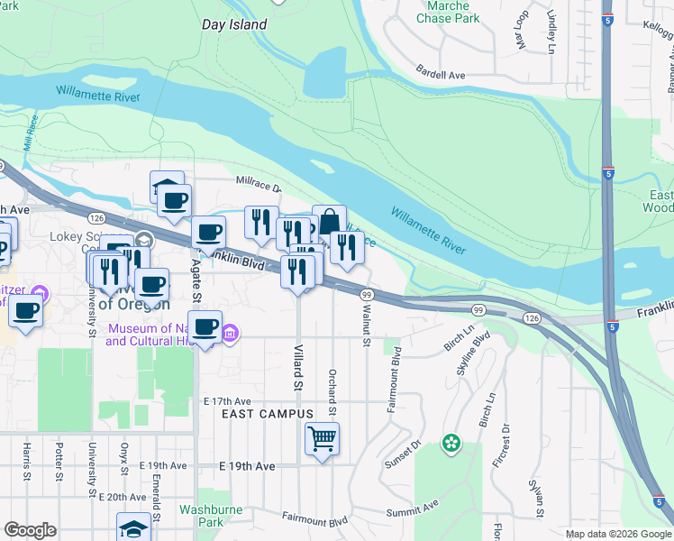 map of restaurants, bars, coffee shops, grocery stores, and more near 1990 Garden Avenue in Eugene