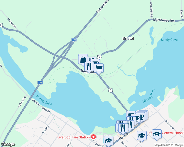 map of restaurants, bars, coffee shops, grocery stores, and more near in Milton