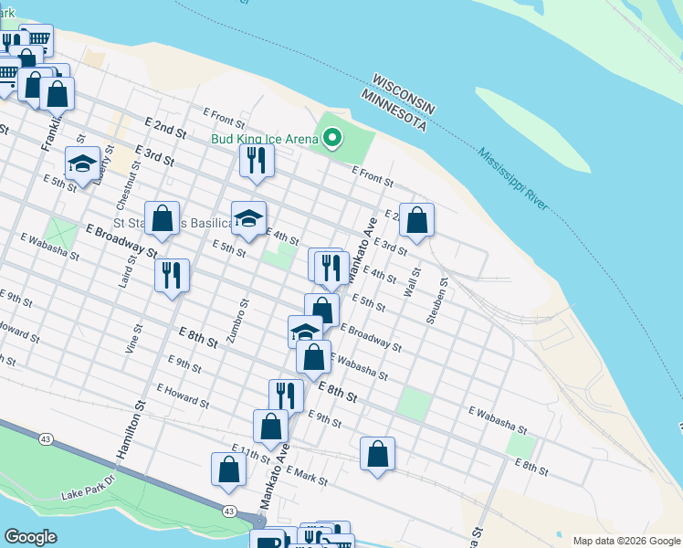map of restaurants, bars, coffee shops, grocery stores, and more near 202 High Forest Street in Winona