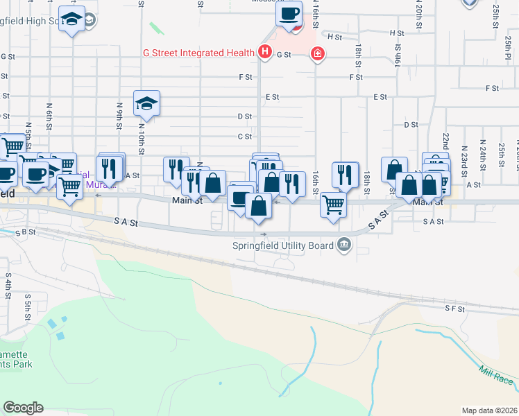 map of restaurants, bars, coffee shops, grocery stores, and more near 117 South 14th Street in Springfield