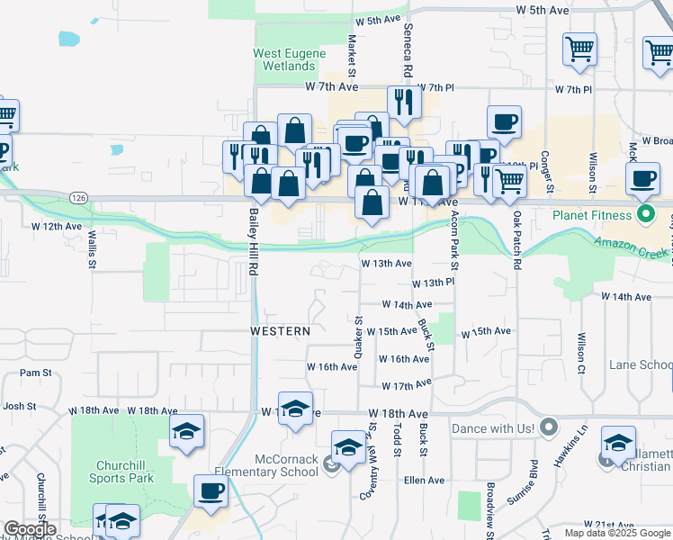 map of restaurants, bars, coffee shops, grocery stores, and more near 1300 Quaker Street in Eugene