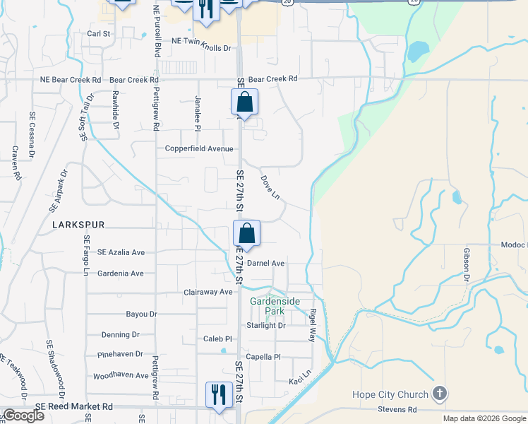 map of restaurants, bars, coffee shops, grocery stores, and more near 21243 Dove Lane in Bend
