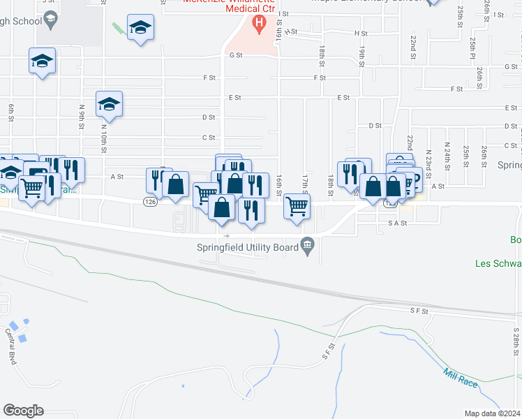 map of restaurants, bars, coffee shops, grocery stores, and more near 1526 Main Street in Springfield