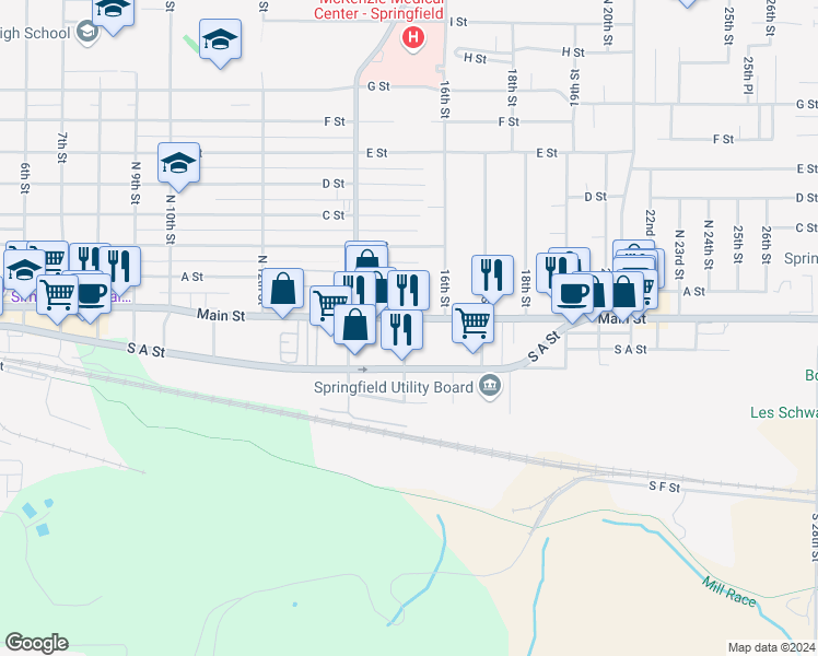 map of restaurants, bars, coffee shops, grocery stores, and more near 1526 Main Street in Springfield